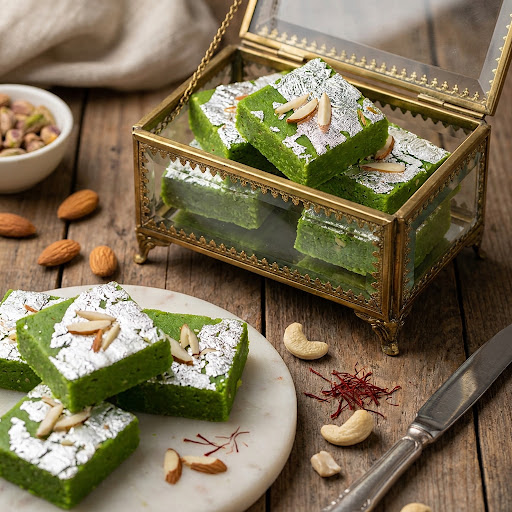 Pista Barfi, green pistachio squares with silver leaf and sliced almonds