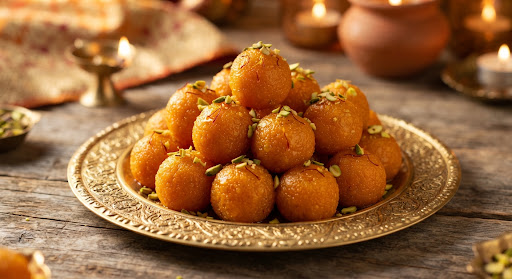 Motichoor Laddu, orange laddus with pistachio and saffron on a golden plate