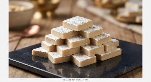 Kaju Katli, cashew fudge cut into diamonds and topped with edible silver leaf