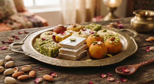 Heritage Assortment: pista barfi, laddoos and kaju katli on a vintage brass tray