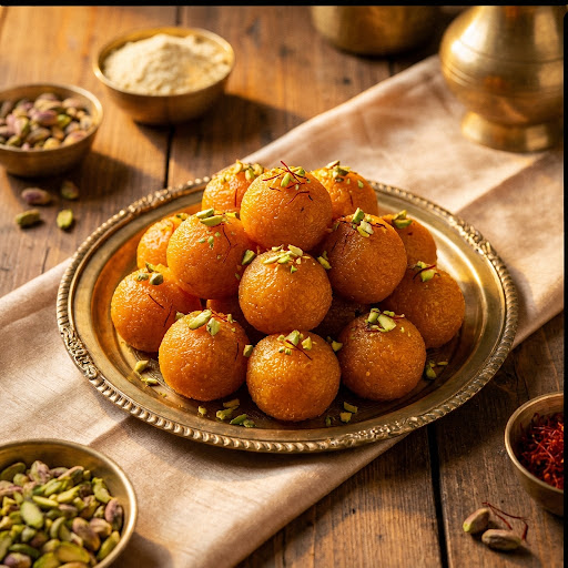 Motichoor Laddu, fine besan pearls bound in desi ghee