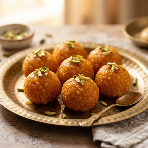 Motichoor Laddu garnished with pistachios on a brass plate