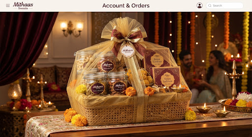 Diwali Grand Hamper: gold-netted basket of dry fruit jars, laddoo boxes and brass diyas