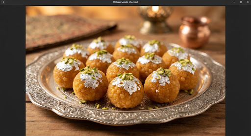 Royal Motichoor laddus topped with silver foil and pistachios
