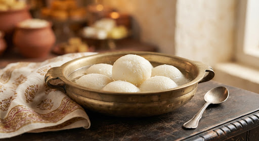 Classic Sponge Rasgulla: soft white chhena dumplings in light sugar syrup in a brass bowl