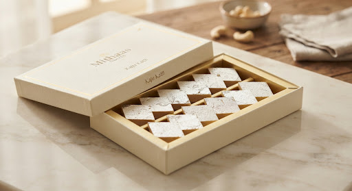 Classic Kaju Katli Box: diamond-cut cashew fudge topped with edible silver leaf