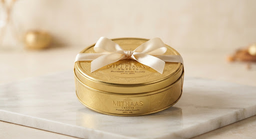 Classic Golden Tin: round embossed tin tied with a silk ribbon