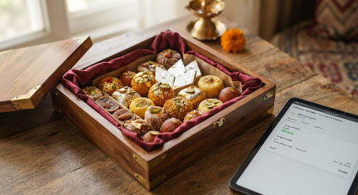 Heritage Royal Assortment Box: laddoos, kaju katli and pedas on maroon silk in a brass-trimmed wooden box
