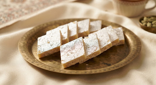 Kaju Katli, silver-leaf cashew diamonds on a brass platter
