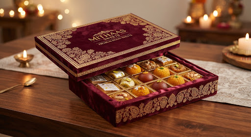 Artisanal gifting: maroon velvet gift box with gold floral stamping, open to show assorted sweets