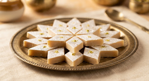 Heritage Kaju Katli arranged on a brass plate